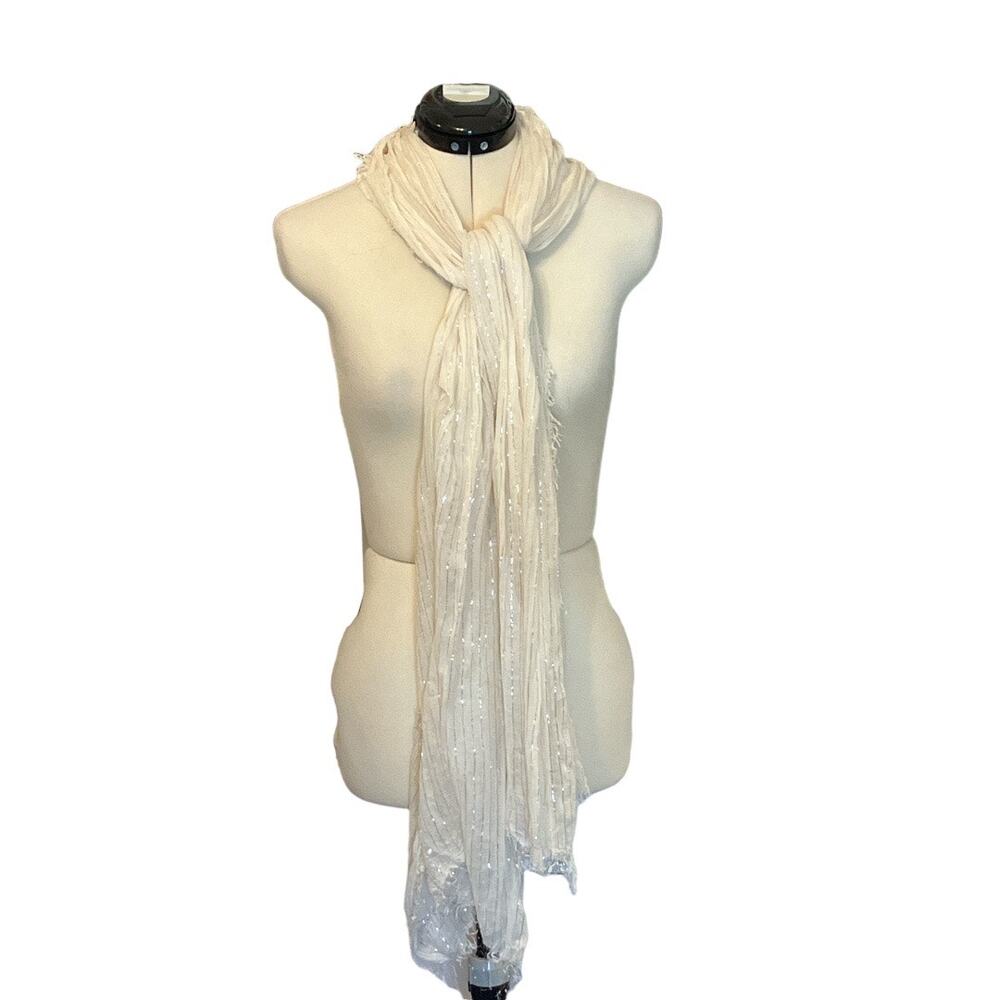 Sheer Cream Scarf with Raw Edge Hem and Silver Threads